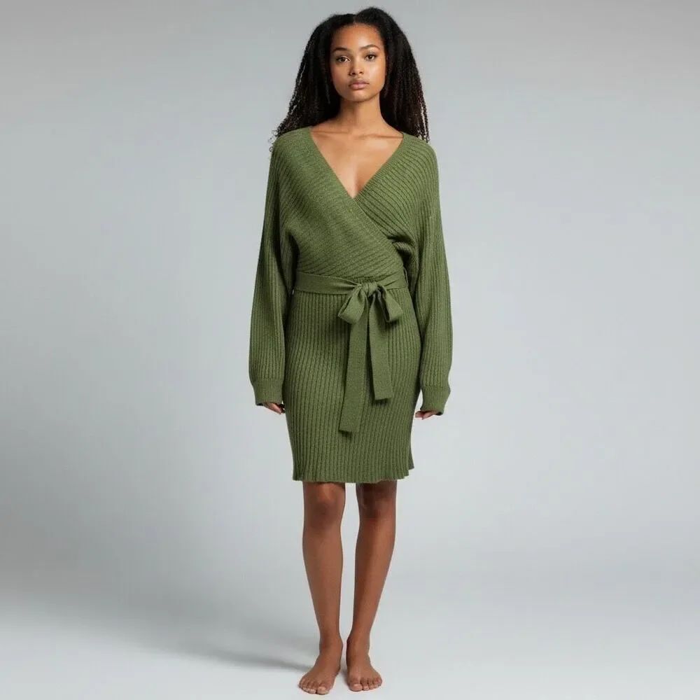 ZAFUL Solid Green long Sleeve Open Back Mini Dress V Neck Off the Shoulder L 8